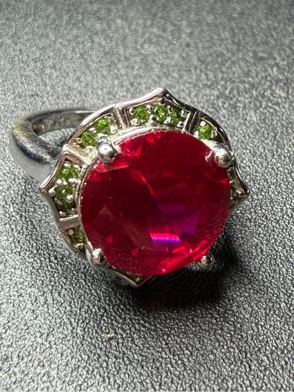 Sterling Silver Ring with Large Fuchsia and Green Accent Stones size 6